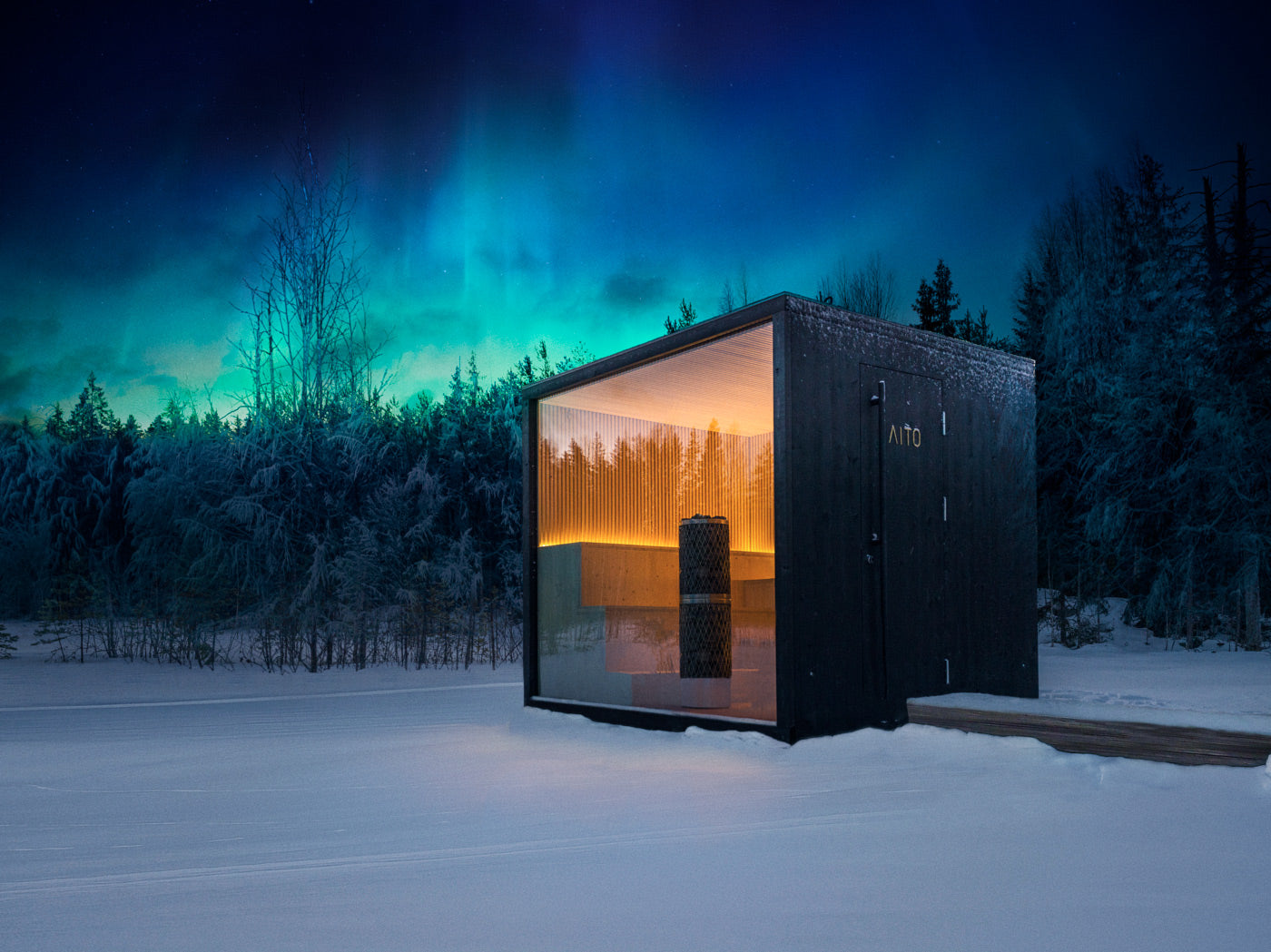 Sauna finlandesa nórdica bajo la aurora boreal — filosofía Nordic Stillness de VALKEA