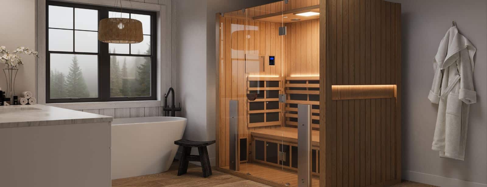 Sauna de infrarrojos de alta gama con paneles de espectro completo integrada en baño principal