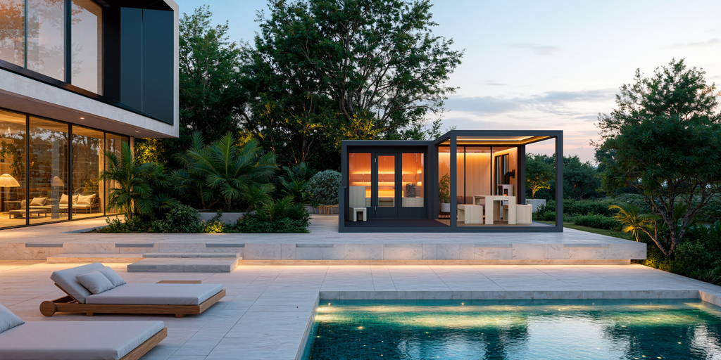 Sauna exterior de diseño junto a la piscina de una villa de arquitectura moderna